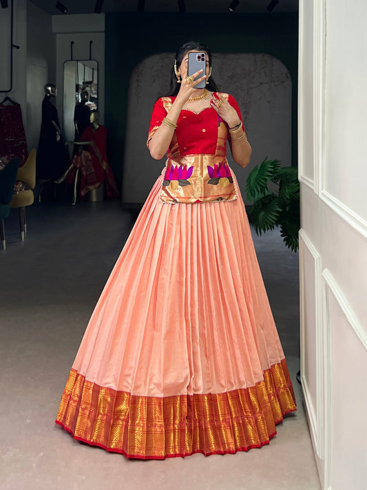 Lorenvalley Fashion Peach Cotton Silk Zari Weaving Work Lehenga Choli 