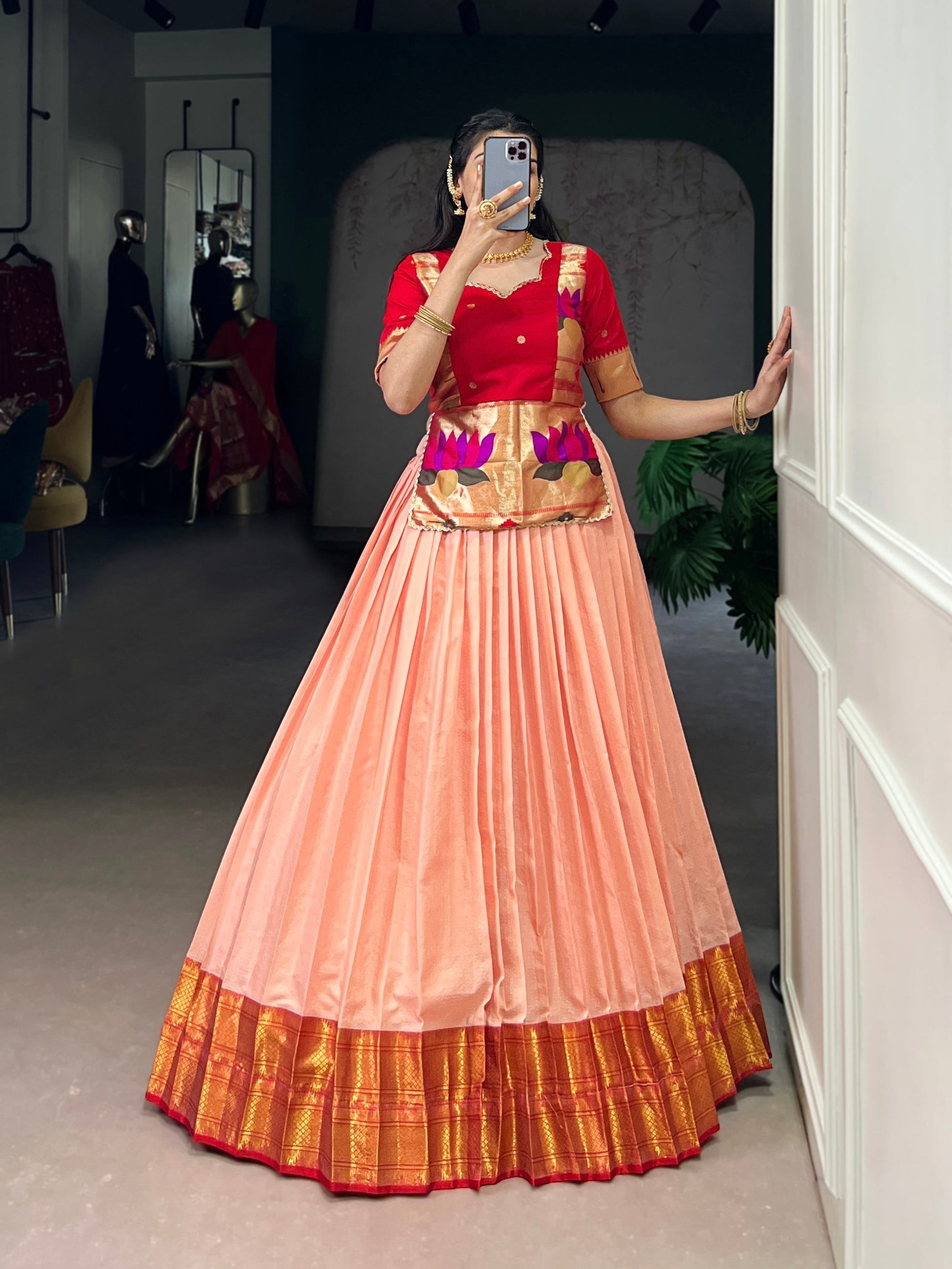 Lorenvalley Fashion Peach Cotton Silk Zari Weaving Work Lehenga Choli 