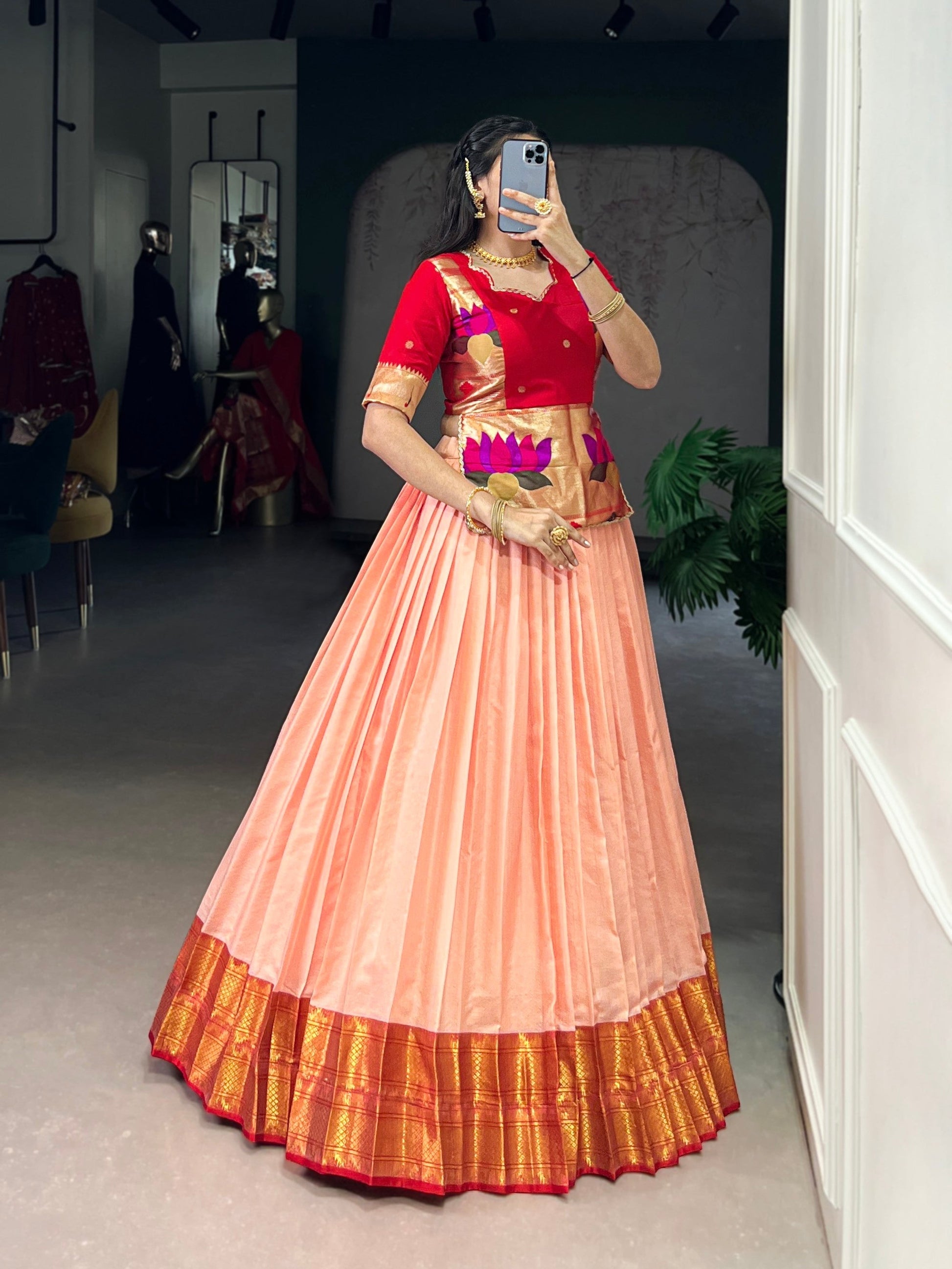 Lorenvalley Fashion Peach Cotton Silk Zari Weaving Work Lehenga Choli 