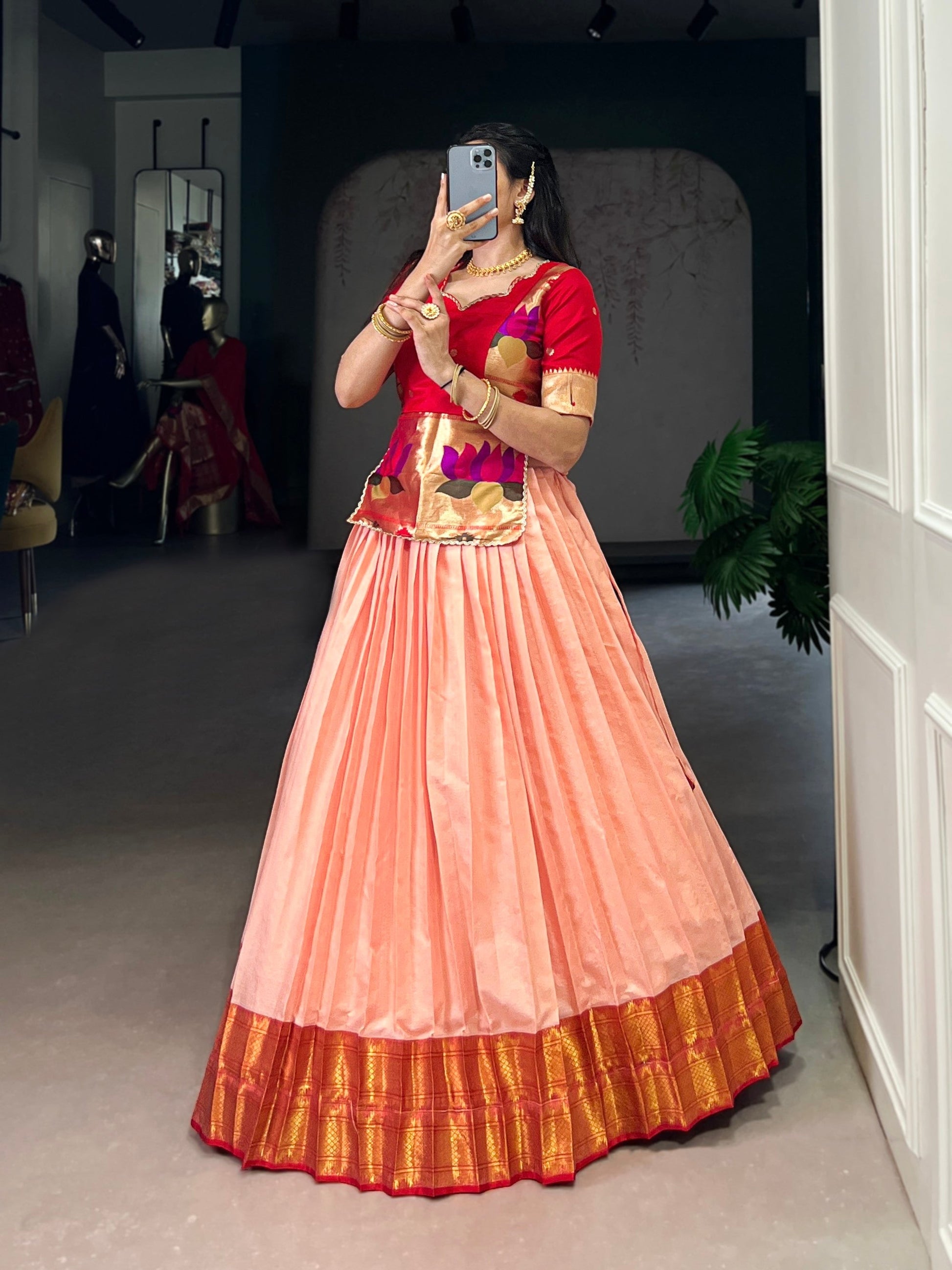Lorenvalley Fashion Peach Cotton Silk Zari Weaving Work Lehenga Choli 
