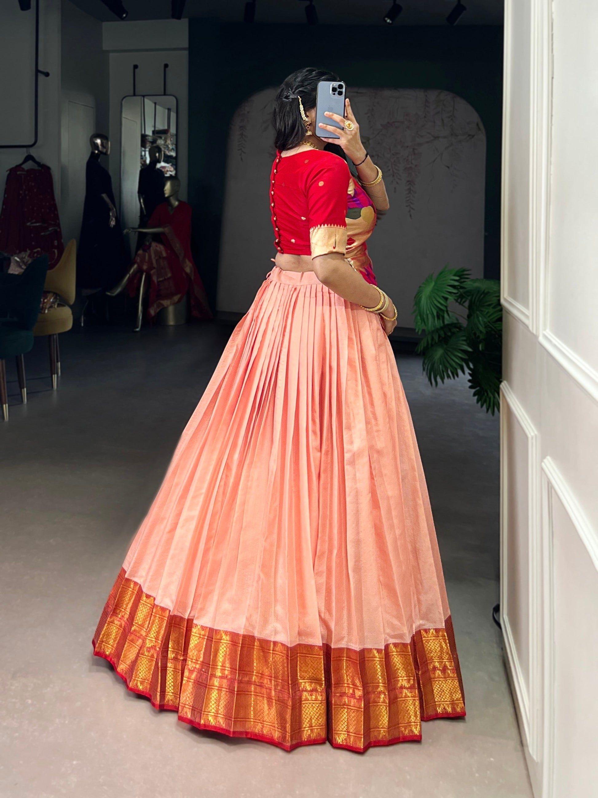 Lorenvalley Fashion Peach Cotton Silk Zari Weaving Work Lehenga Choli 