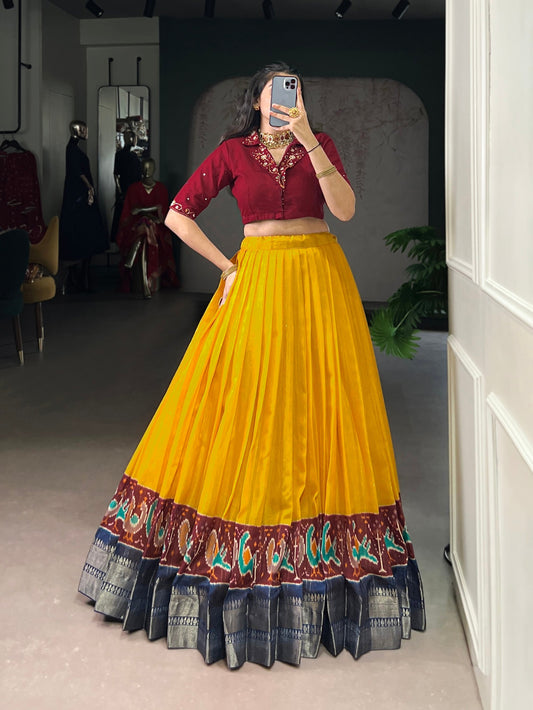 Lorenvalley Fashion Mustard Poly Cotton Printed With Zari Weaving Lehenga Choli 