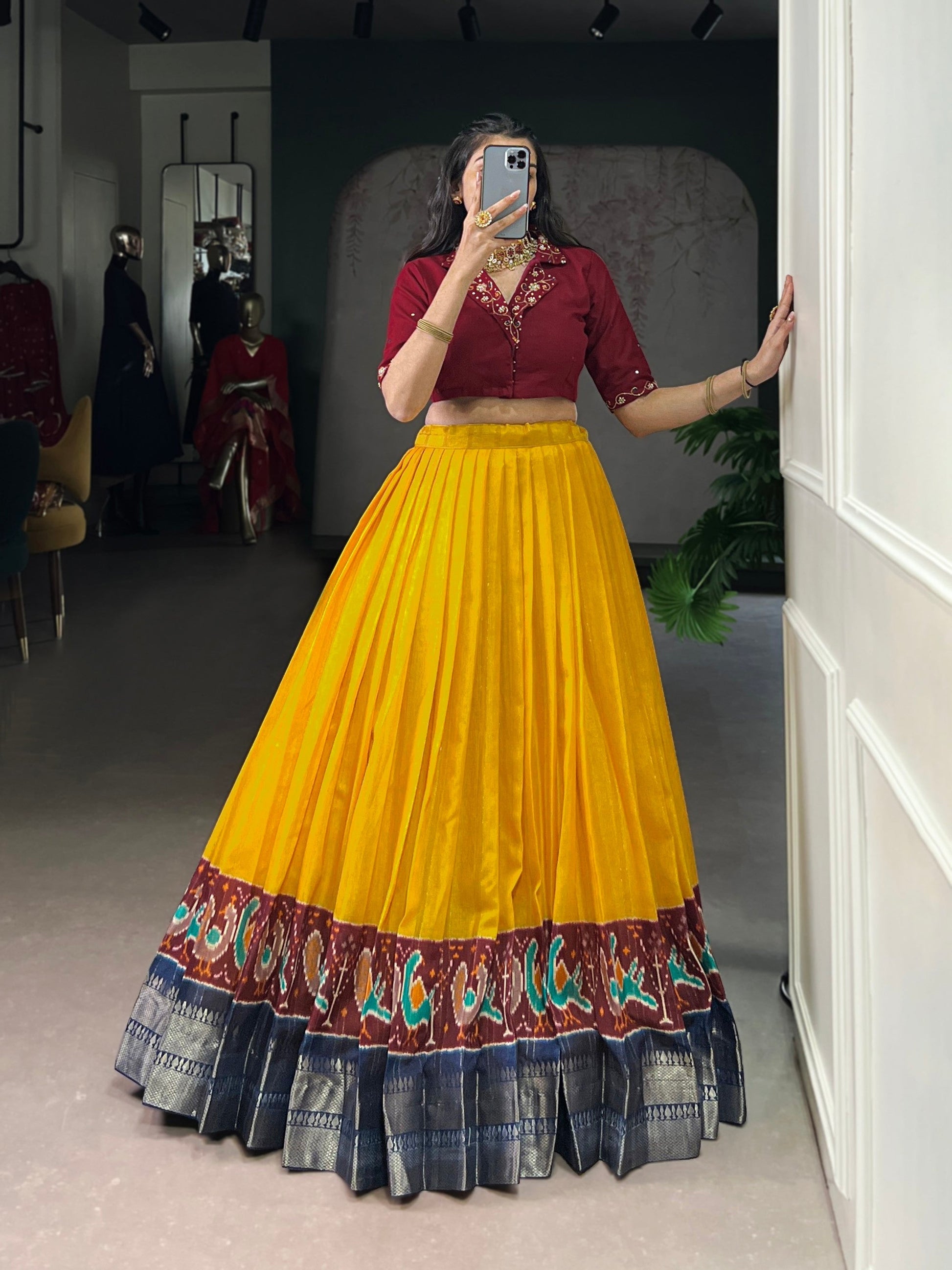 Lorenvalley Fashion Mustard Poly Cotton Printed With Zari Weaving Lehenga Choli 