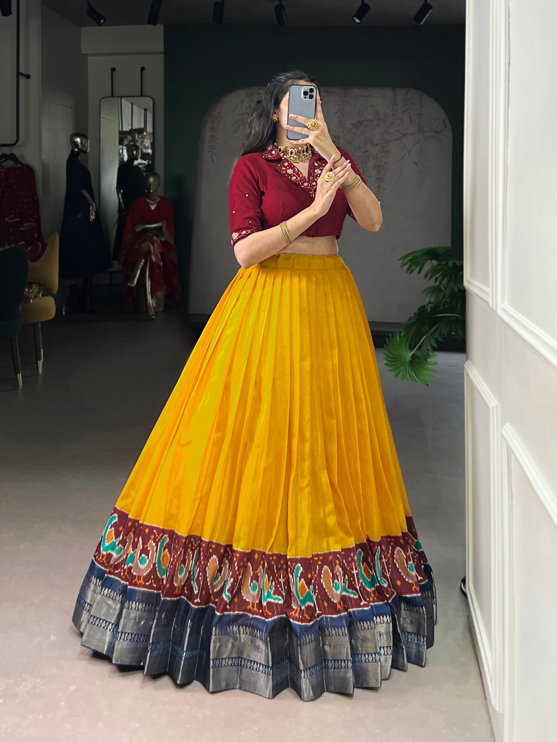 Lorenvalley Fashion Mustard Poly Cotton Printed With Zari Weaving Lehenga Choli 