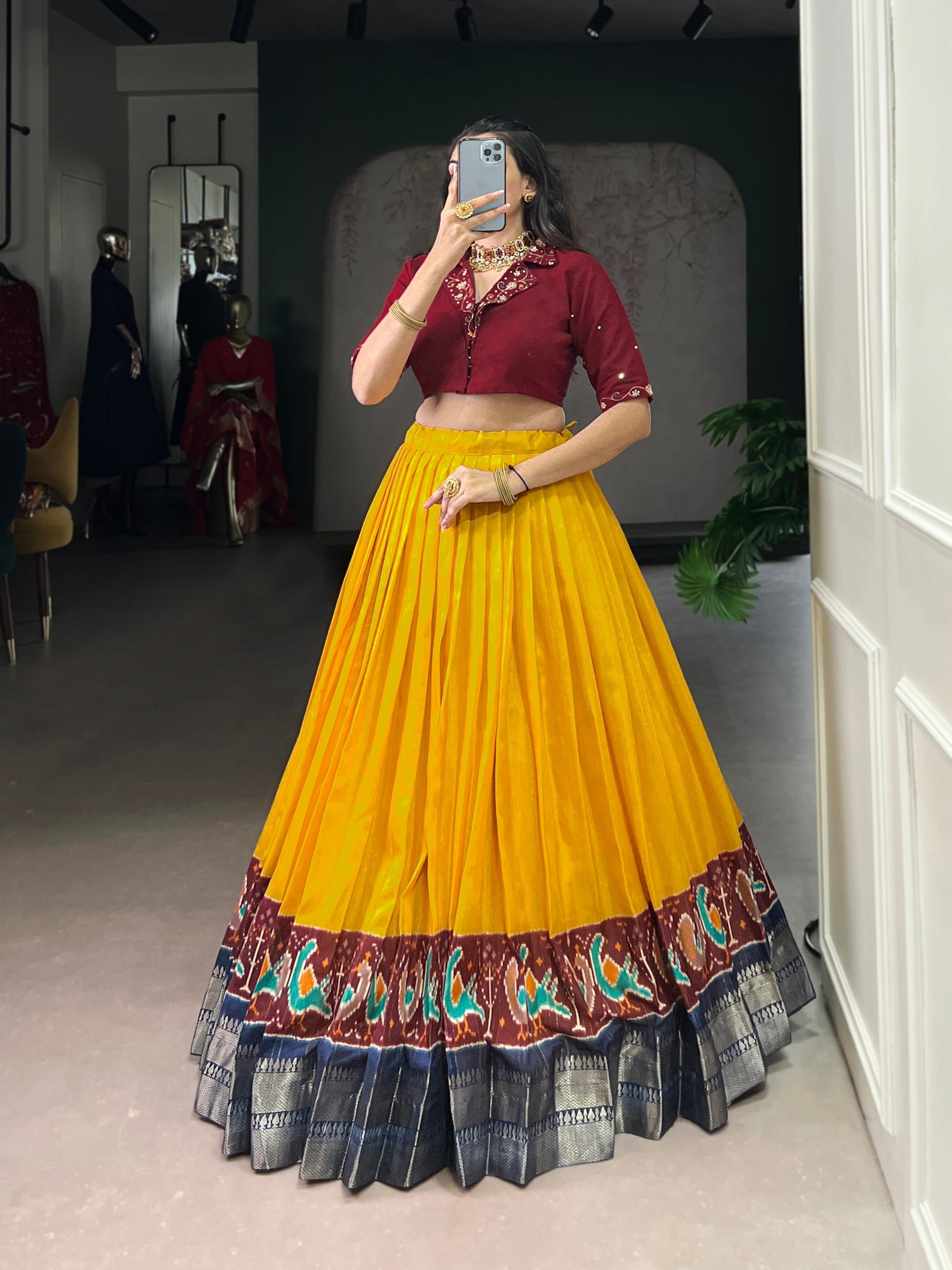 Lorenvalley Fashion Mustard Poly Cotton Printed With Zari Weaving Lehenga Choli 