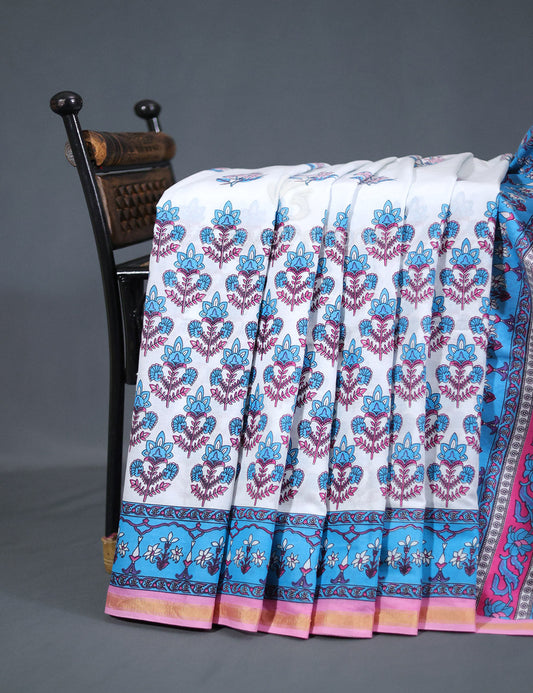 White And Cloud Blue Printed Cotton Sareecotton Grab2Buy-C569 By Gayathri Reddy Designer Studio