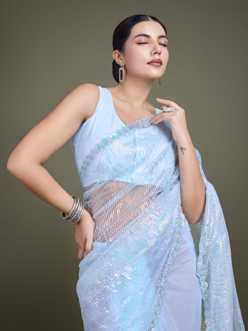 Monjolika Fashion Exclusive Women'S Light Sky Blue Soft Net SareeWith Sequin Work
