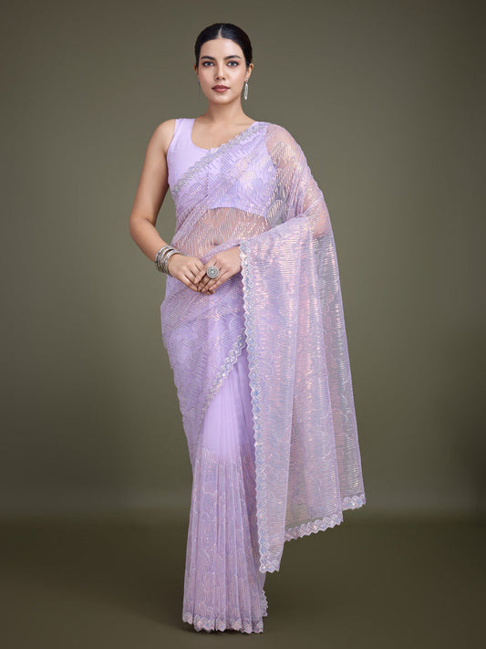 Monjolika Fashion Exclusive Women'S Lavender Soft Net SareeWith Sequin Work