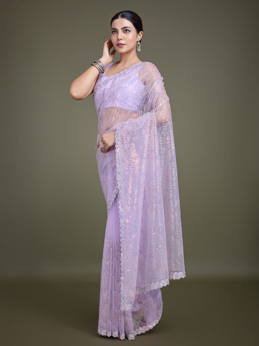 Monjolika Fashion Exclusive Women'S Lavender Soft Net SareeWith Sequin Work