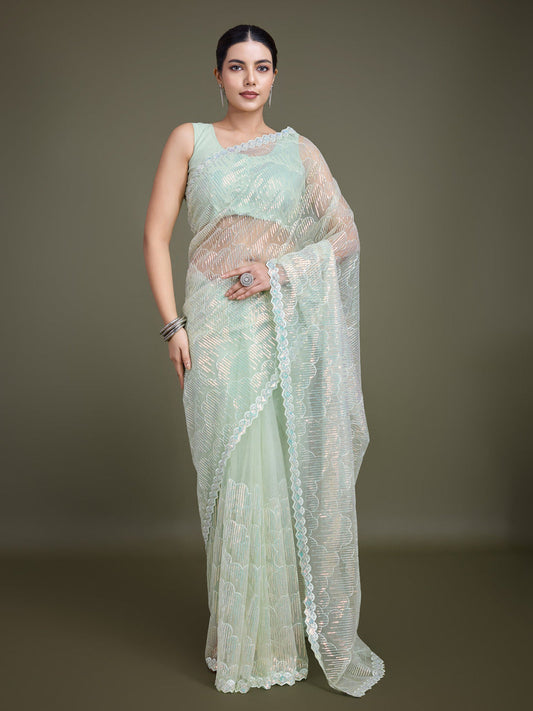Monjolika Fashion Exclusive Women'S Light Green Soft Net SareeWith Sequin Work