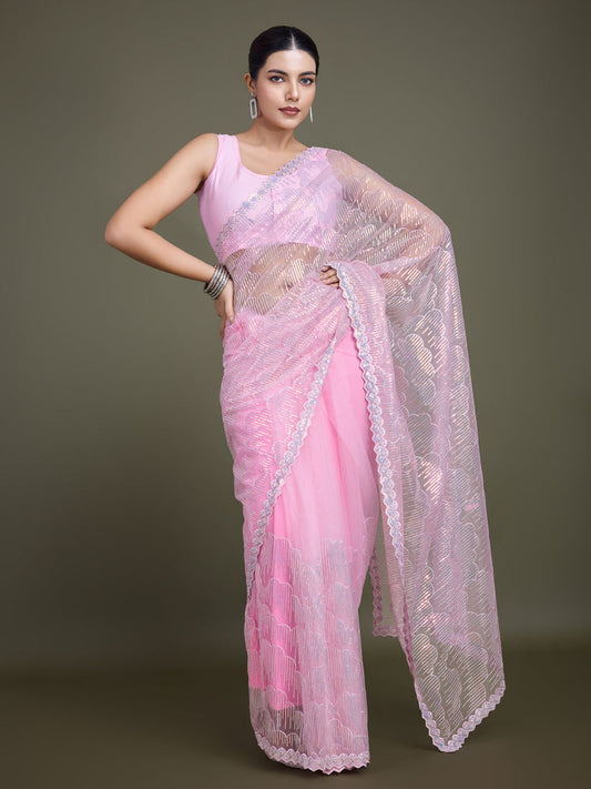 Monjolika Fashion Exclusive Women'S Light Pink Soft Net SareeWith Sequin Work