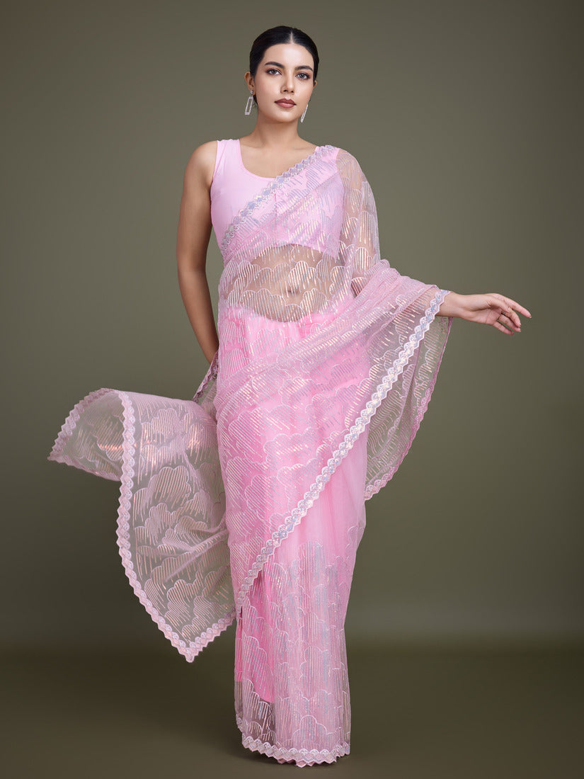 Monjolika Fashion Exclusive Women'S Light Pink Soft Net SareeWith Sequin Work
