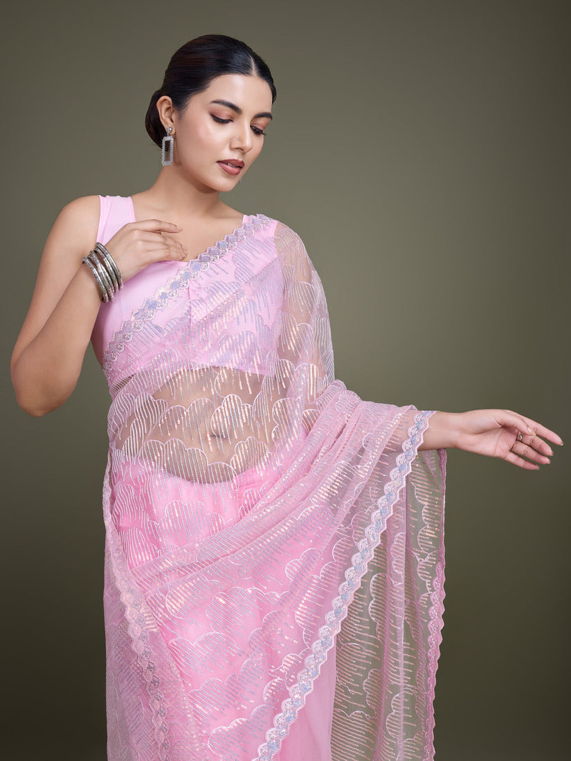 Monjolika Fashion Exclusive Women'S Light Pink Soft Net SareeWith Sequin Work
