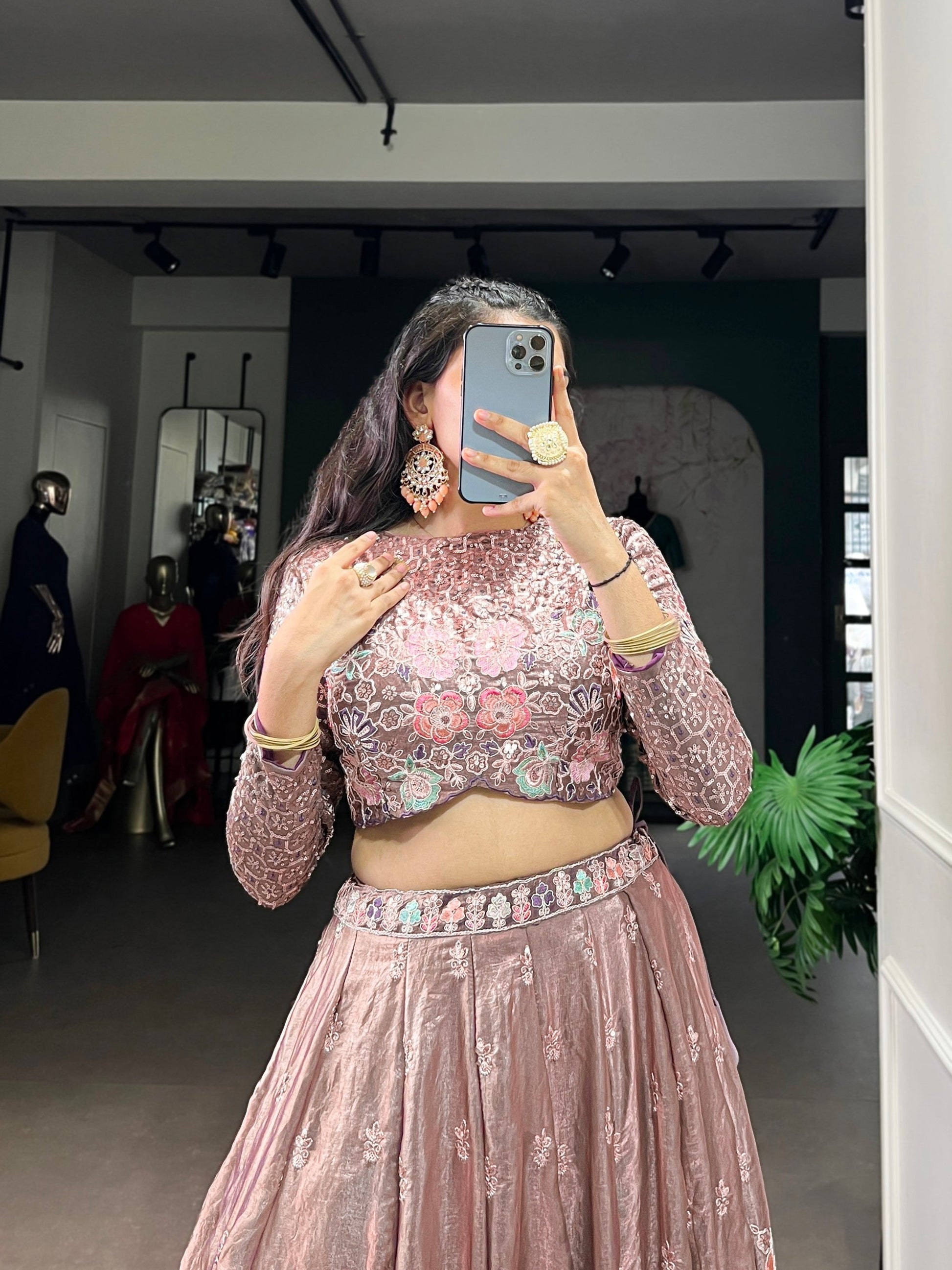 Lorenvalley Fashion Onionpink Fendy Silk Sequins and Thread Embroidery Work Lehenga Choli 