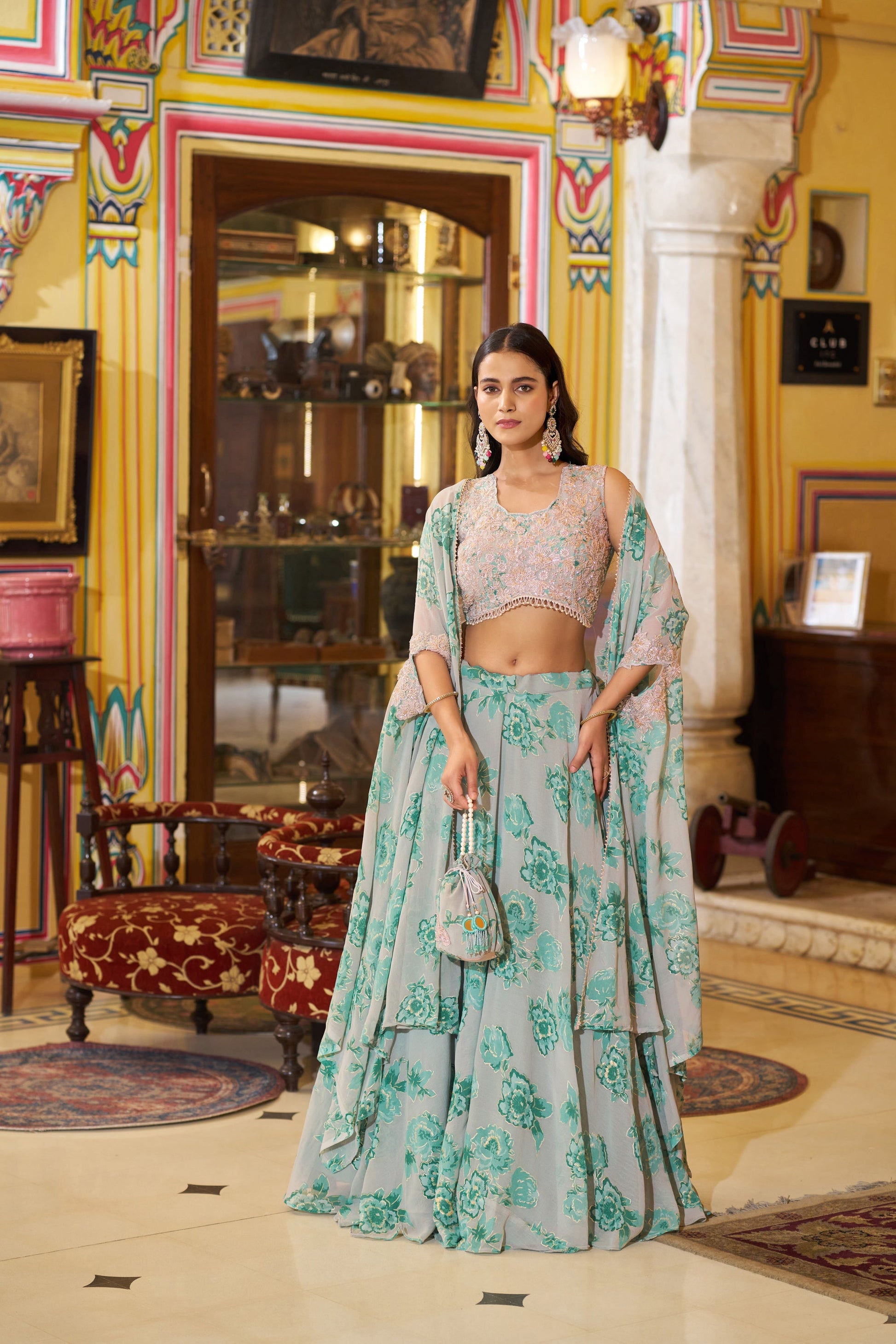 Lorenvalley Fashion Multicolor Georgette Thread Embroidery, Sequins & Tube Beads Work Lehenga Choli With Stylish Dupatta