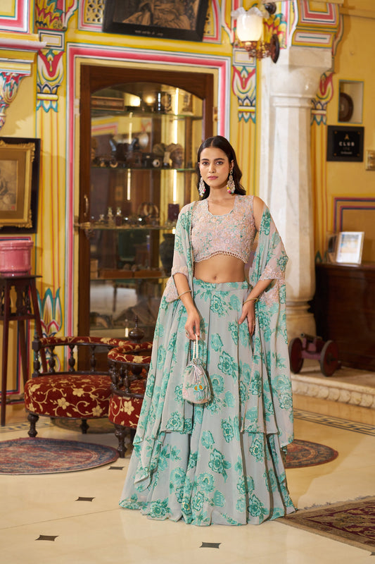 Lorenvalley Fashion Multicolor Georgette Thread Embroidery, Sequins & Tube Beads Work Lehenga Choli With Stylish Dupatta