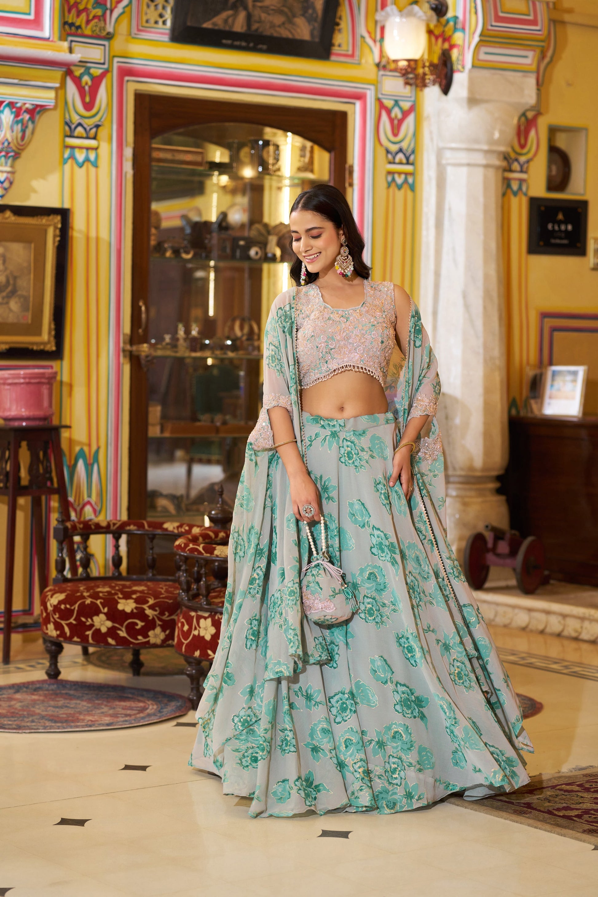 Lorenvalley Fashion Multicolor Georgette Thread Embroidery, Sequins & Tube Beads Work Lehenga Choli With Stylish Dupatta
