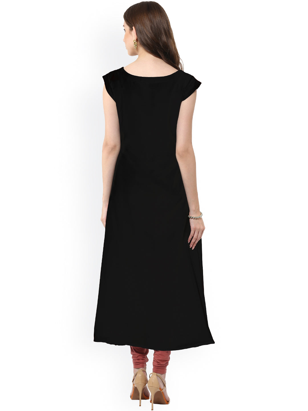 Janasya Women Black Floral Print A-Line Kurta