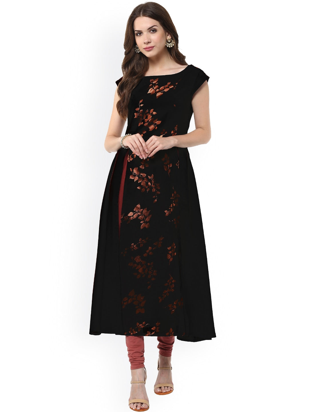 Janasya Women Black Floral Print A-Line Kurta