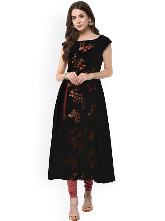 Janasya Women Black Floral Print A-Line Kurta