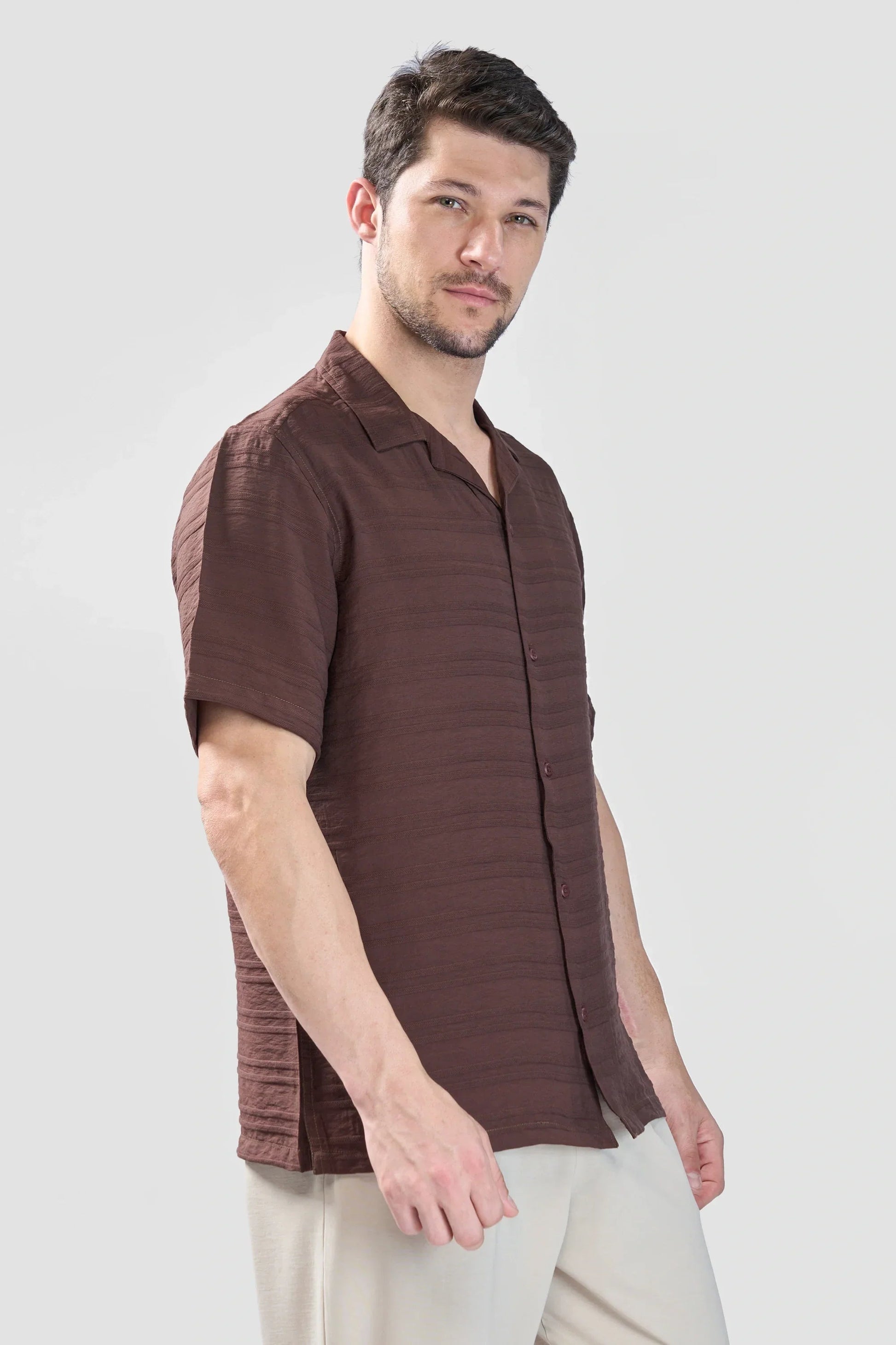 Xkind Brown Horizontal Pleated Stripes Relaxed Fit Shirt  Grab2Buy Xkind Grab2Buy