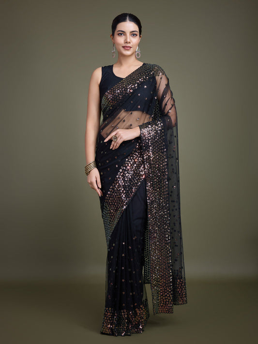 Monjolika Fashion Women'S Black Soft Net SareeWith Sequin Embellished Border And Pallu