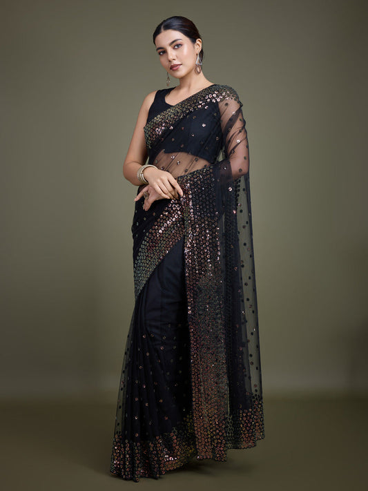 Monjolika Fashion Women'S Black Soft Net SareeWith Sequin Embellished Border And Pallu