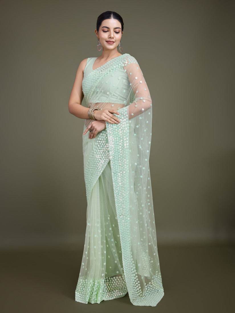 Monjolika Fashion Women'S Light Green Soft Net SareeWith Sequin Embellished Border And Pallu