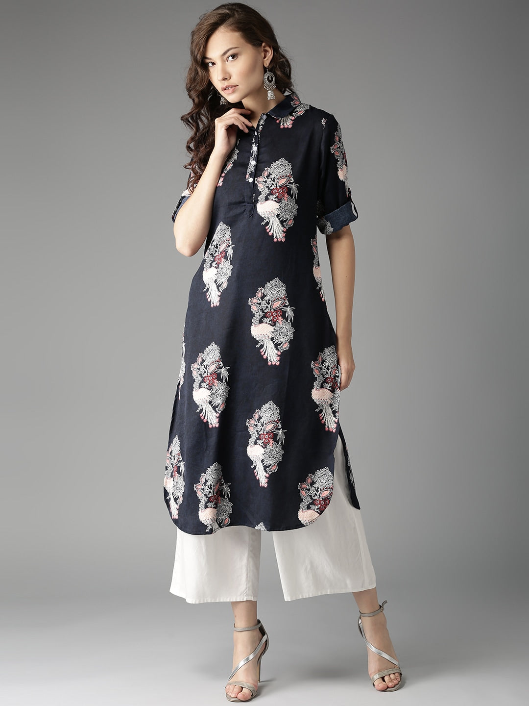HERE&NOW Women Navy Printed Straight Kurta 