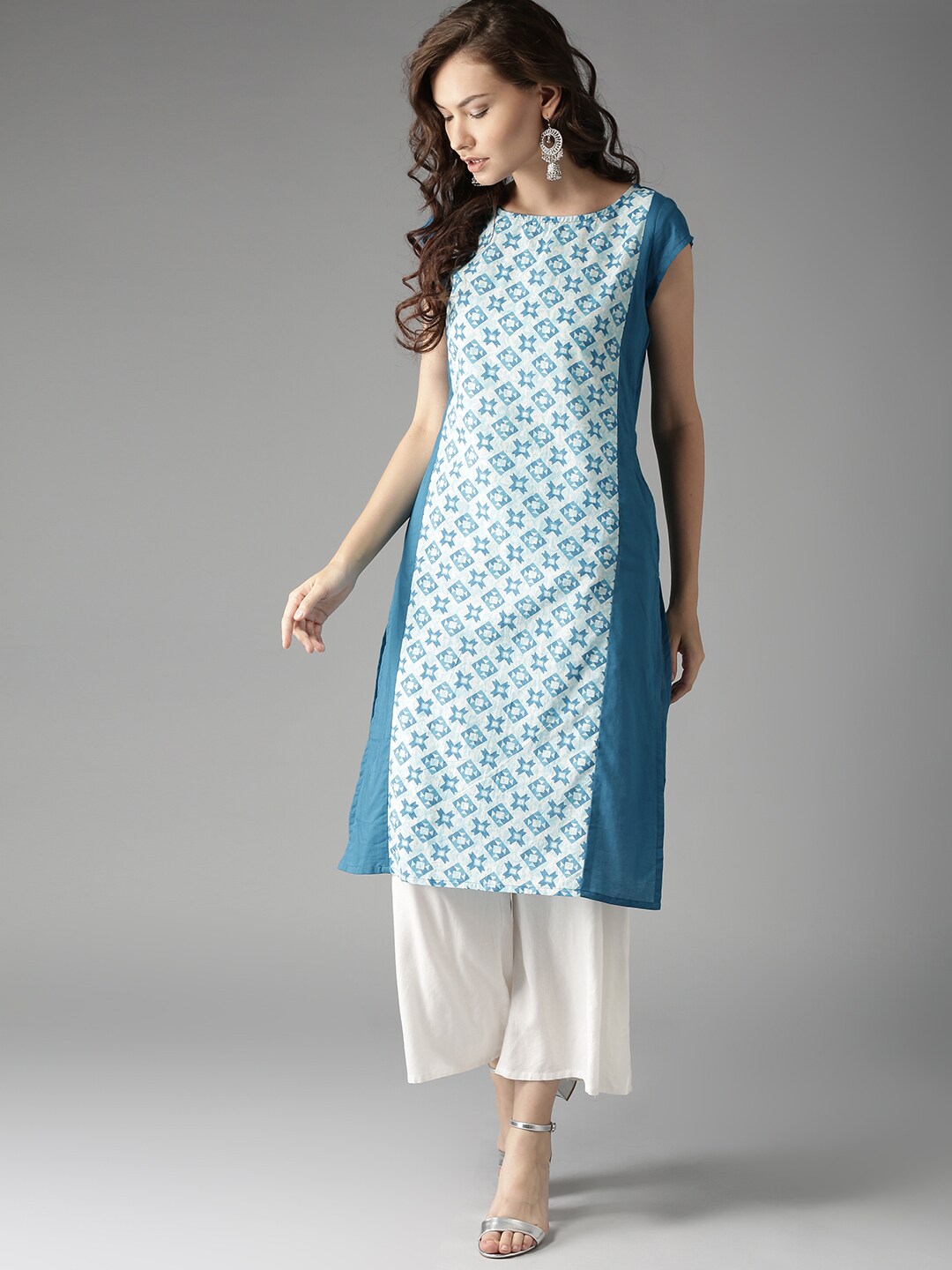 HERE&NOW Women Blue & Off-White Printed Straight Kurta