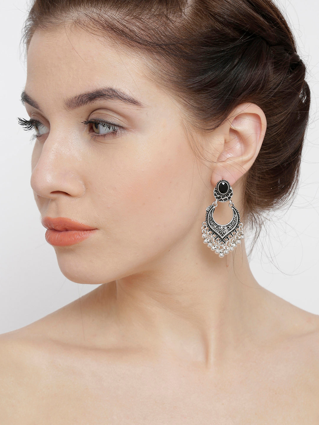 Shining Diva Silver-Toned Contemporary Chandbali Earrings 