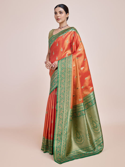 Monjolika Fashion Glamour And Tradition With This Zari Woven Banarasi Tissue Silk Orange Saree