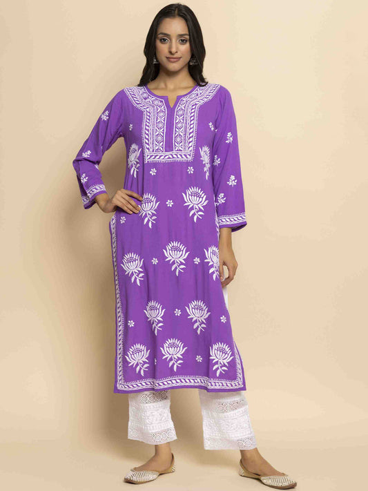 HOUSE OF KARI Ethnic Motifs Chikankari Embroidered Notched Round Neck Straight Kurta 