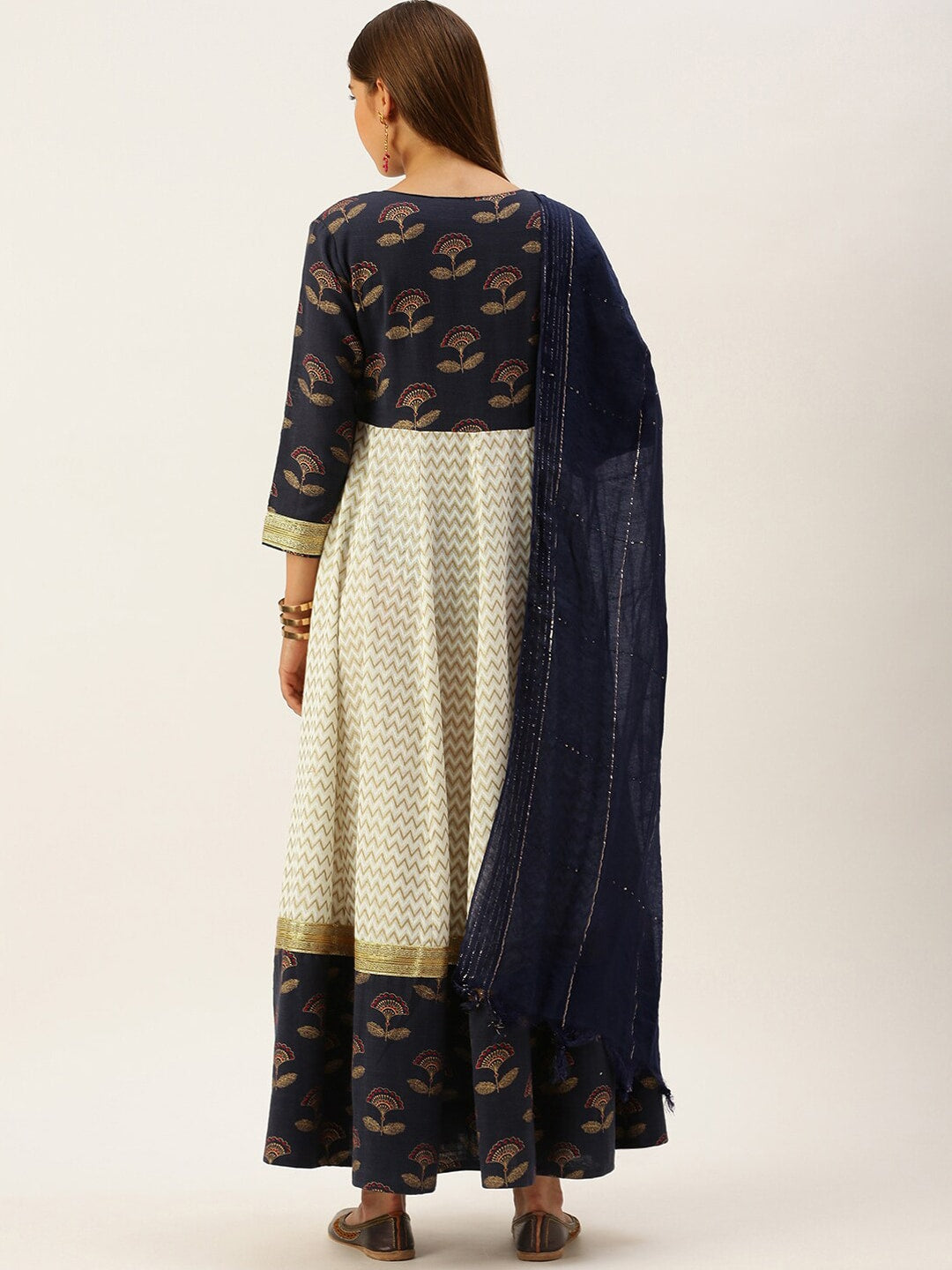 HERE&NOW Women Blue & Cream-Coloured Ethnic Motifs Printed Anarkali Kurta With Dupatta