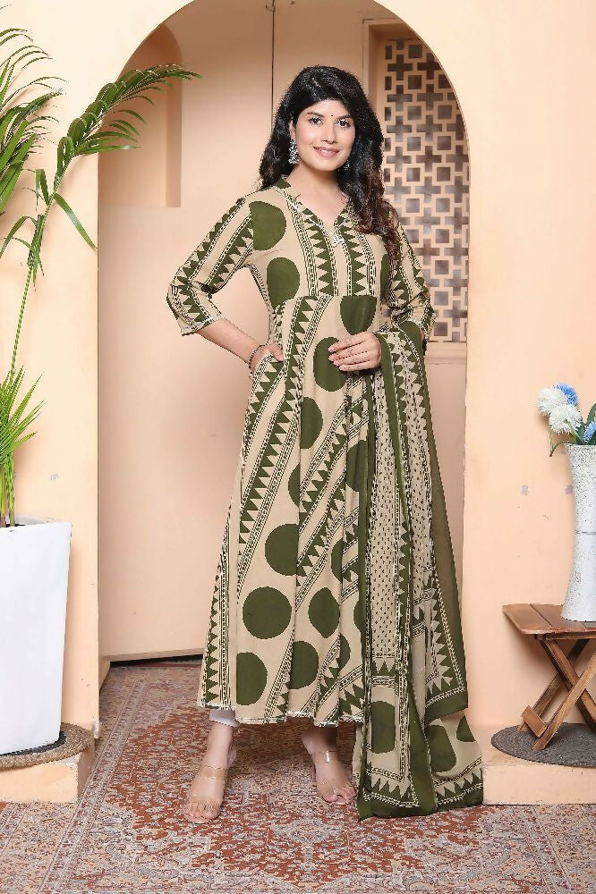 Miravan Women'S Polka Dot Printed Pure Cotton Anarkali Kurta With Dupatta