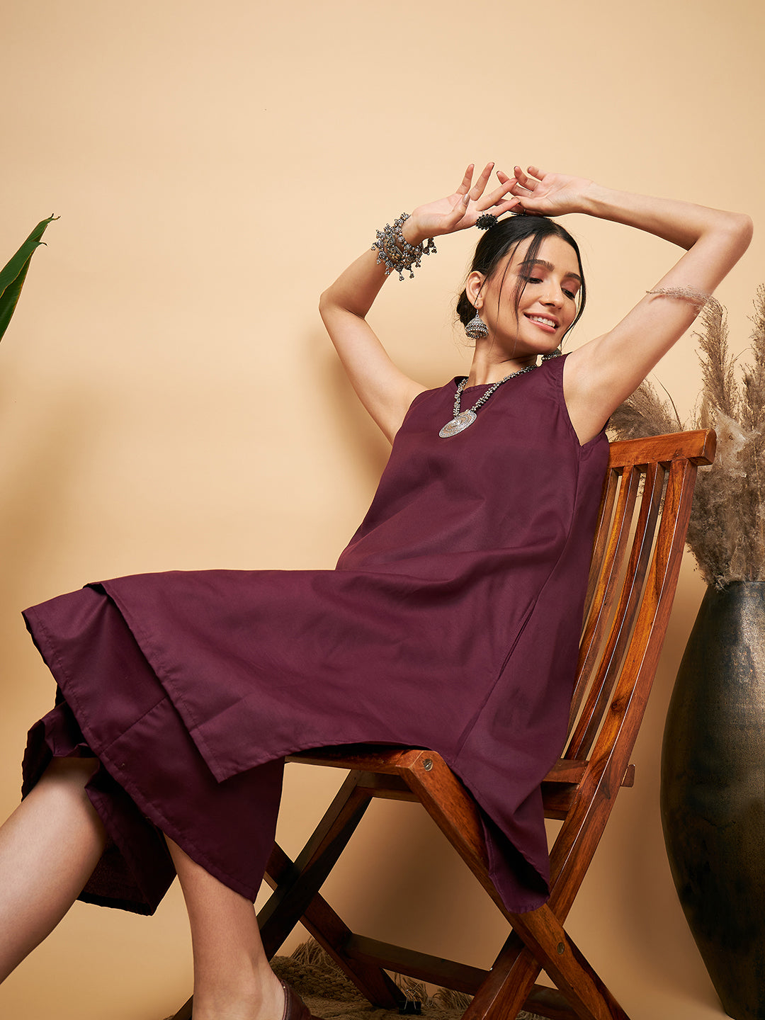 InWeave Women's Wine Solid Short Kurta Palazzo Set 