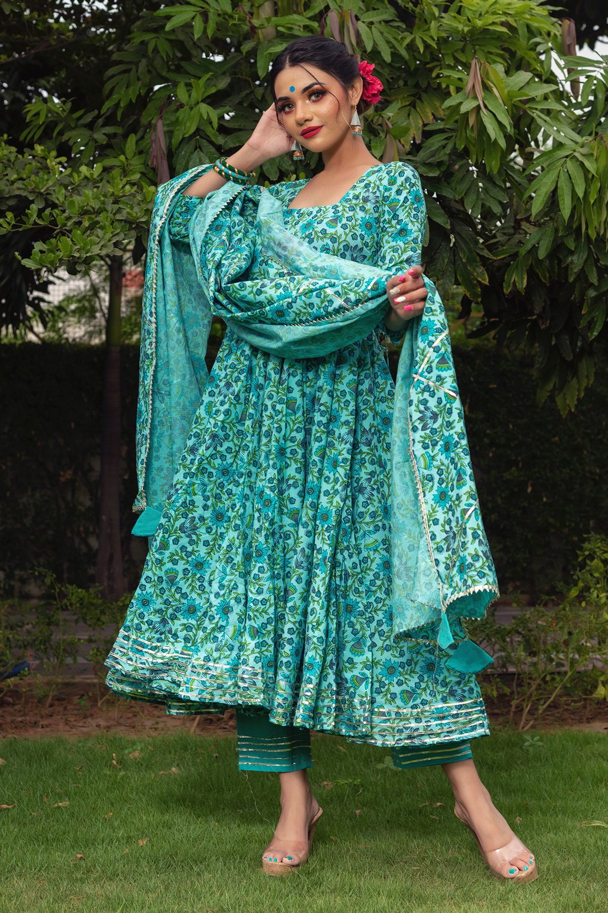 Pomcha Jaipur Morni Hand Block Cotton Anarkali Set 