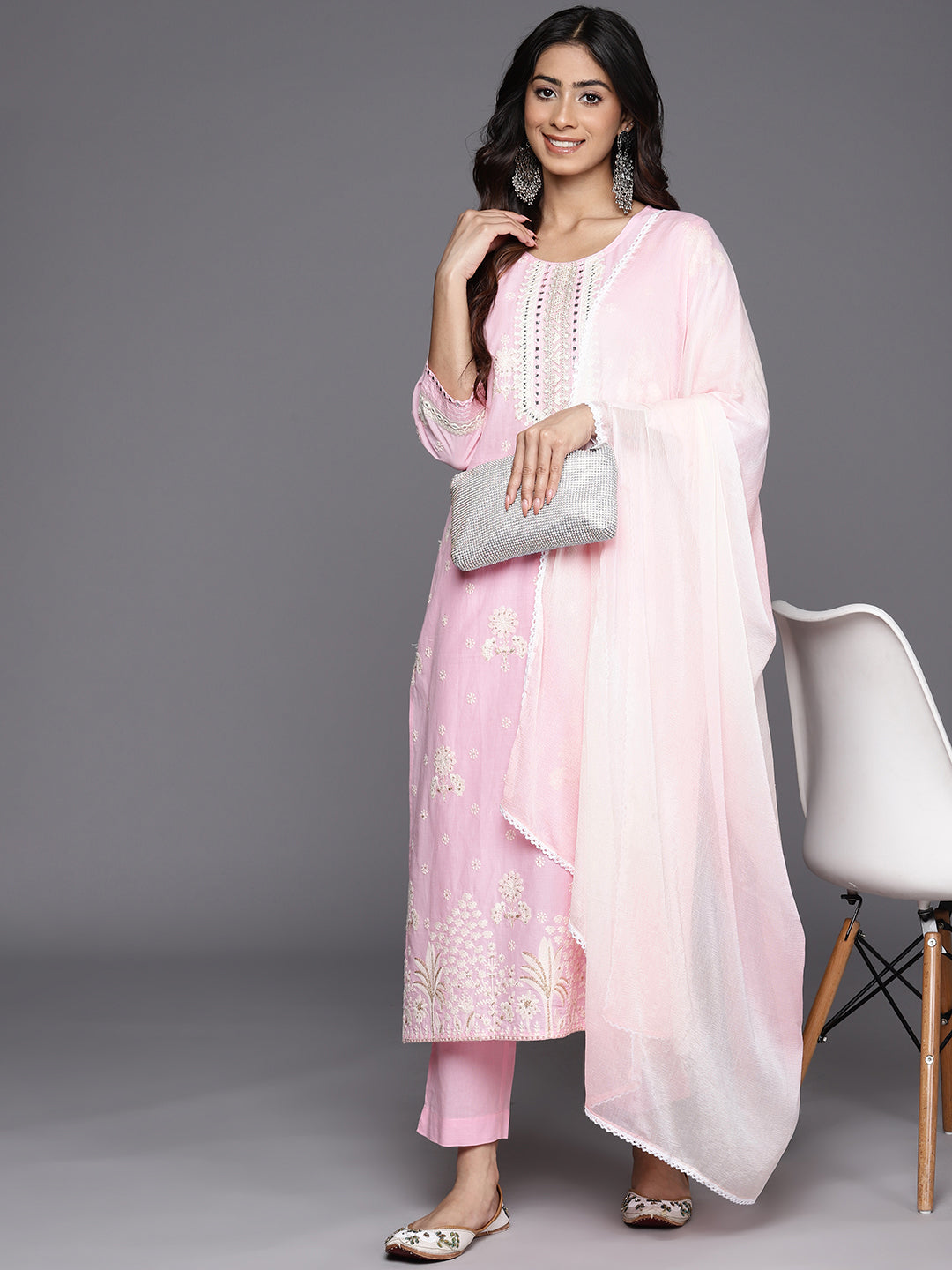 KSUT (House of Varanga) Pink Thread And Mirror Embroidered Kurta Paired With Straight Trouser And Chiffon Dupatta