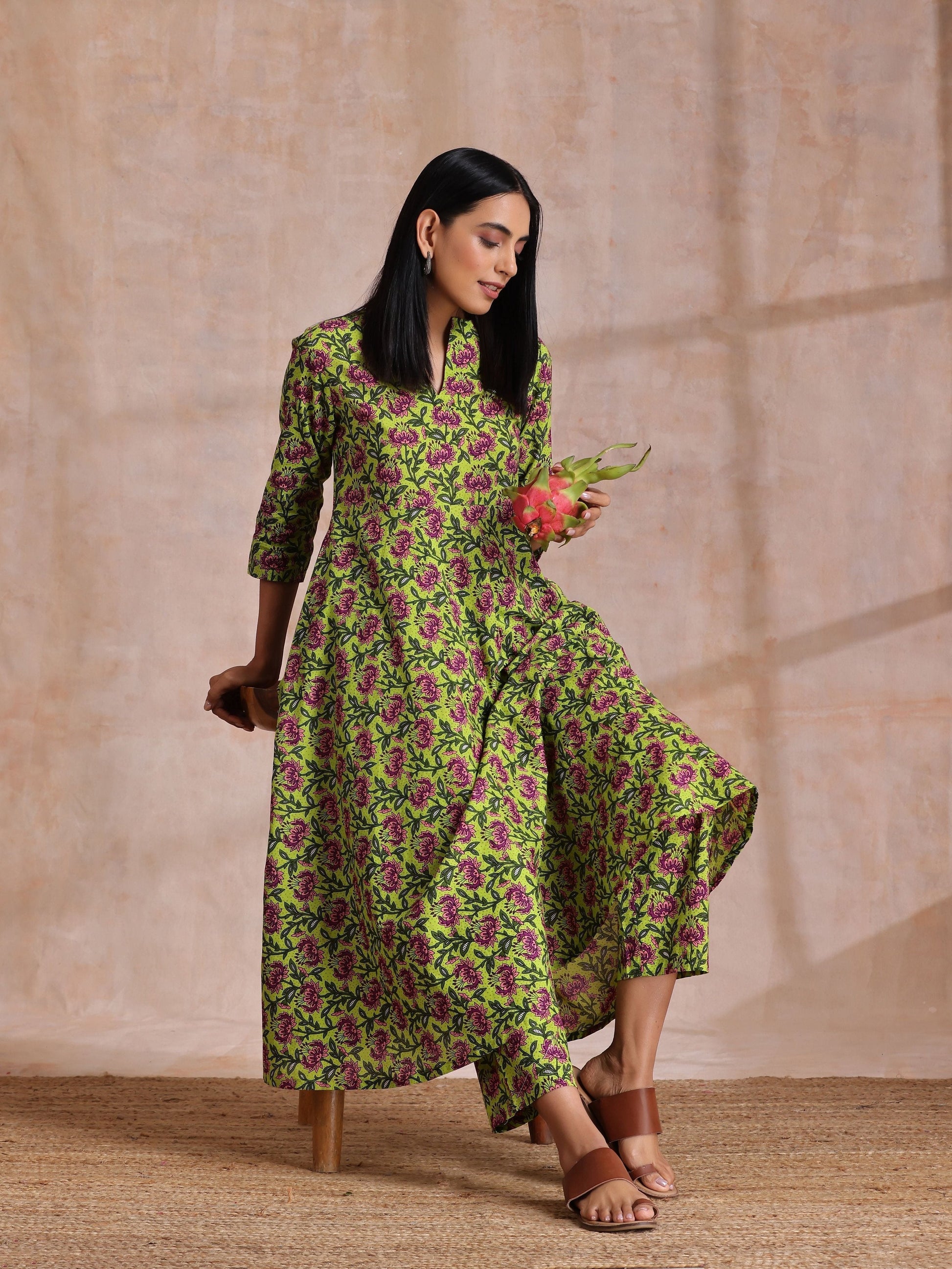 trueBrowns Lime Green Overall Pink Floral Block Print Cotton Flared Kurta Pant Set 
