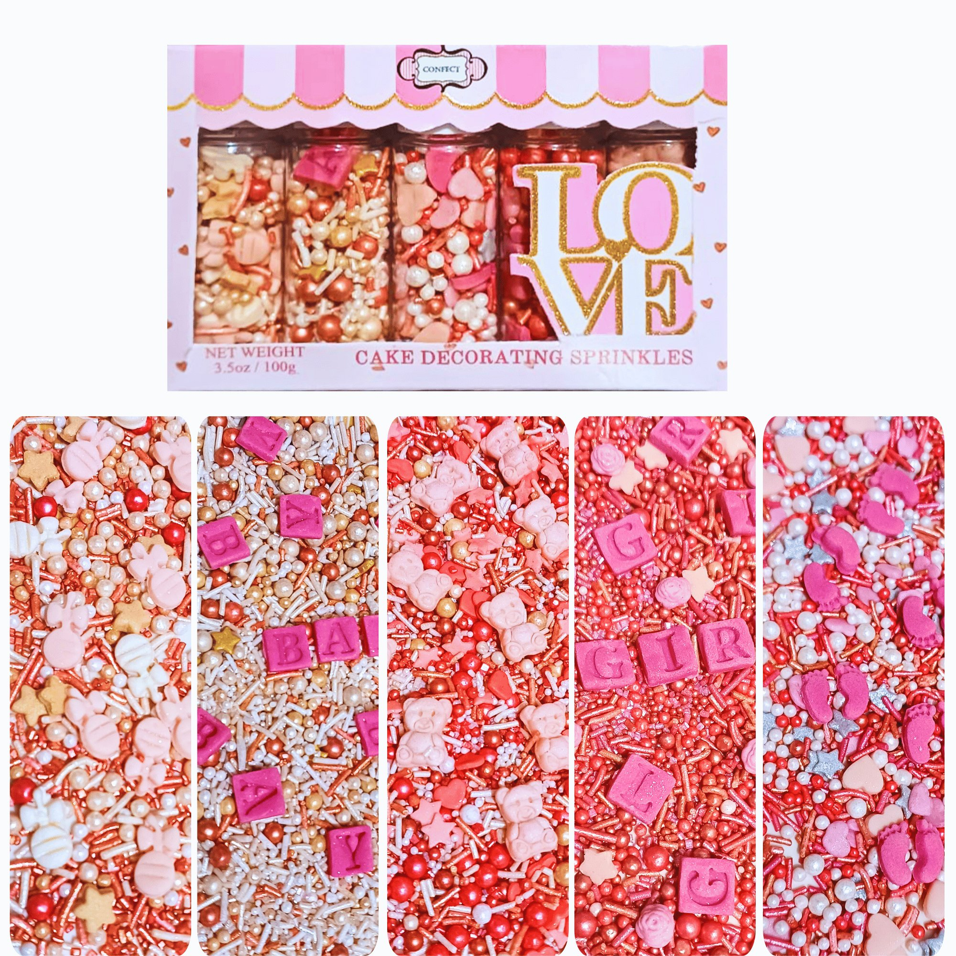 Confect Girls Baby Shower Sprinkles | Mix Silver, Gold & Blush pink Sprinkles Pack of 5