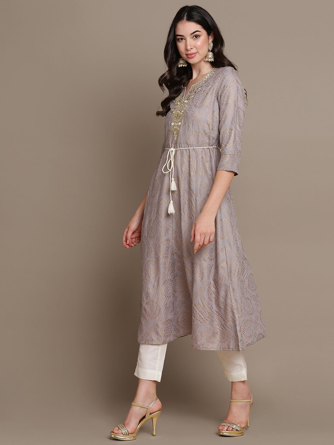 HERE&NOW Embroidered Bandhani Printed Notched Neck Thread Work Anarkali Kurta