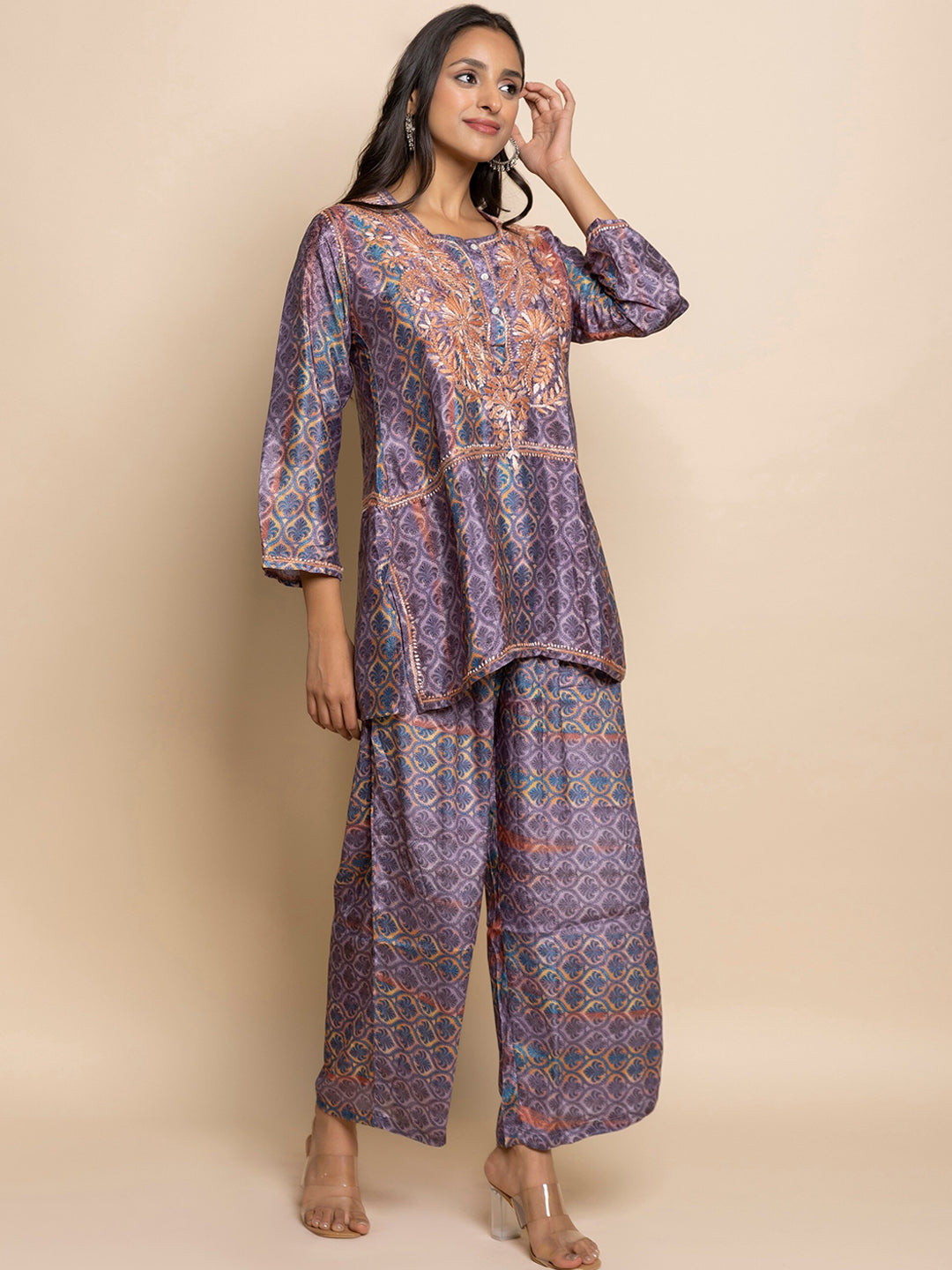 HOUSE OF KARI Floral Embroidered Regular Chikankari Straight Kurta with Palazzos 