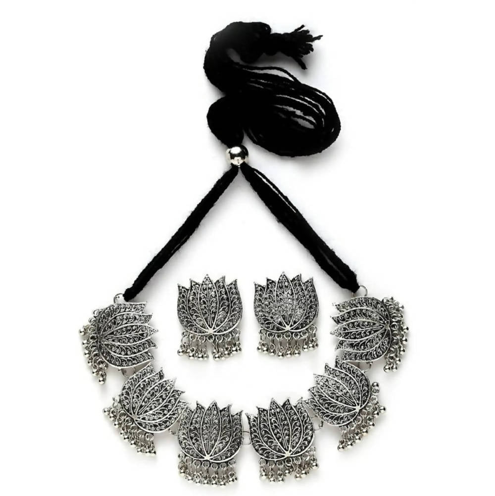 Mominos Fashion Oxidised Lotus Design Silver Color Necklace Choker Set 