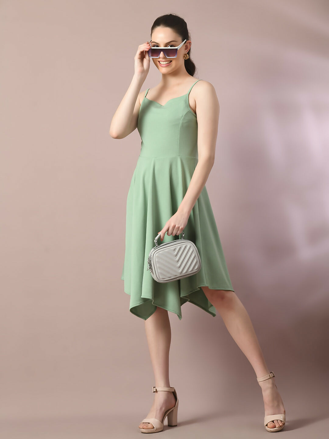 Myshka Women's Sea Green Solid Shoulder Straps Fit and Flare Party Dress