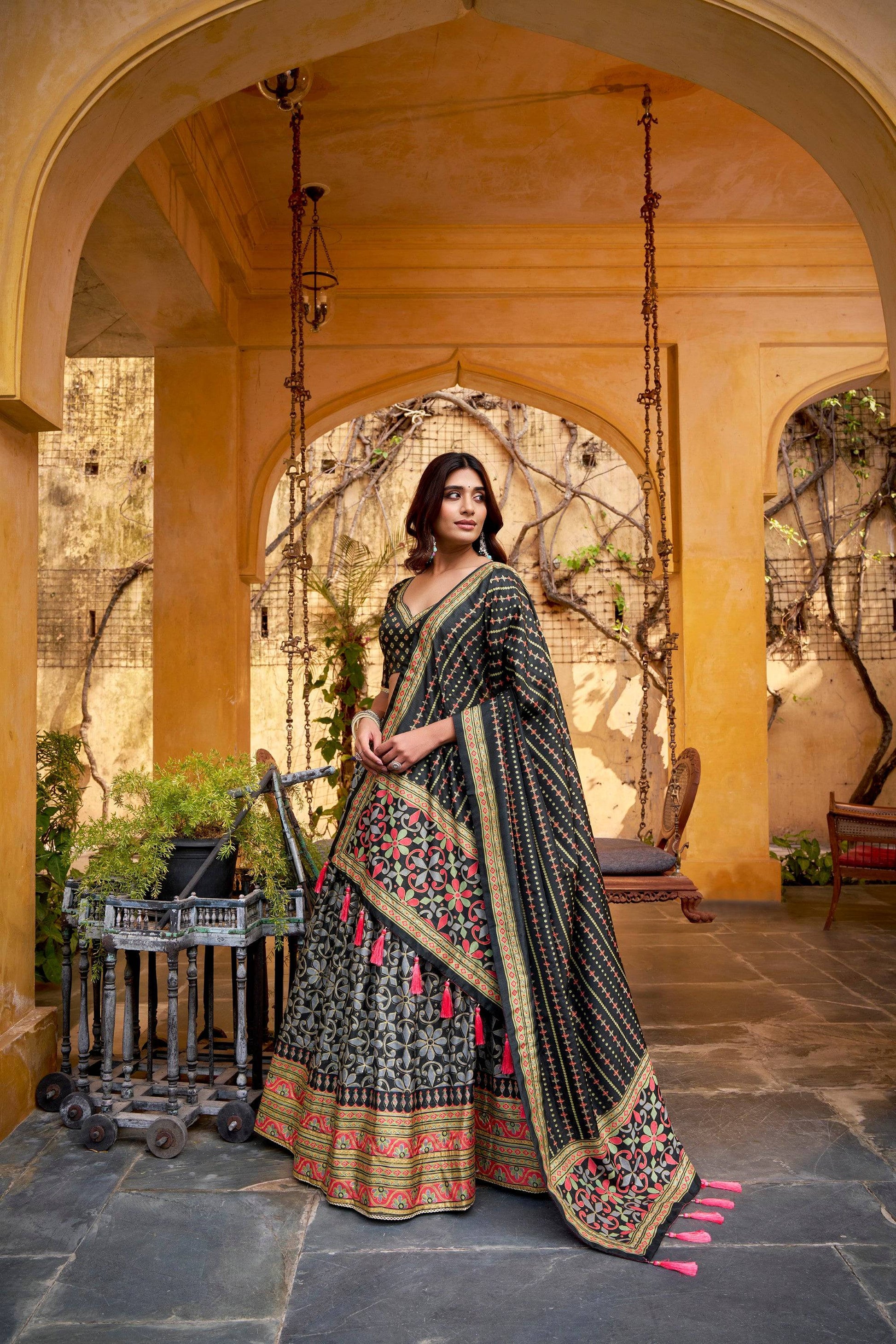 Lorenvalley Fashion Black Tasar Silk Iconic Sparkle with Lace Border Lehenga Choli with Dupatta