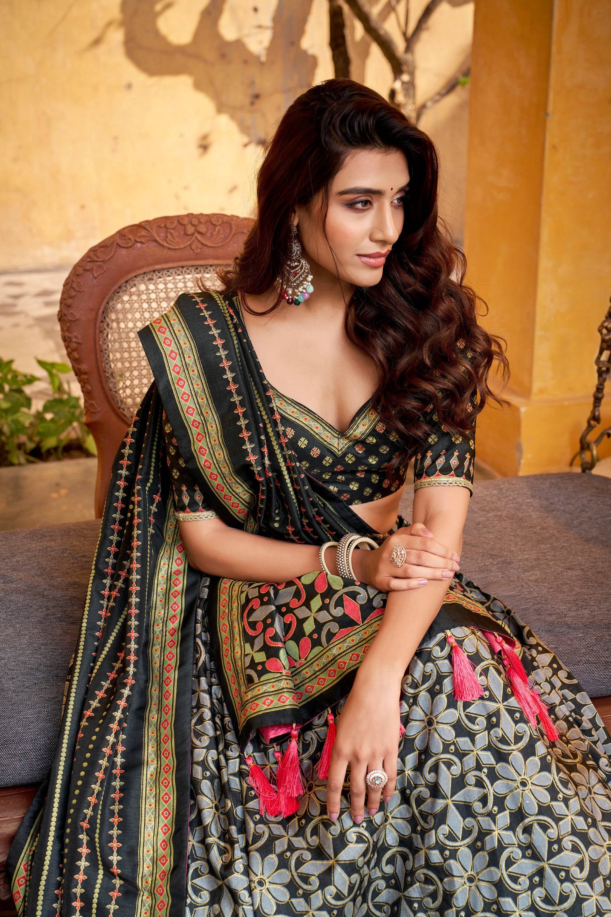 Lorenvalley Fashion Black Tasar Silk Iconic Sparkle with Lace Border Lehenga Choli with Dupatta