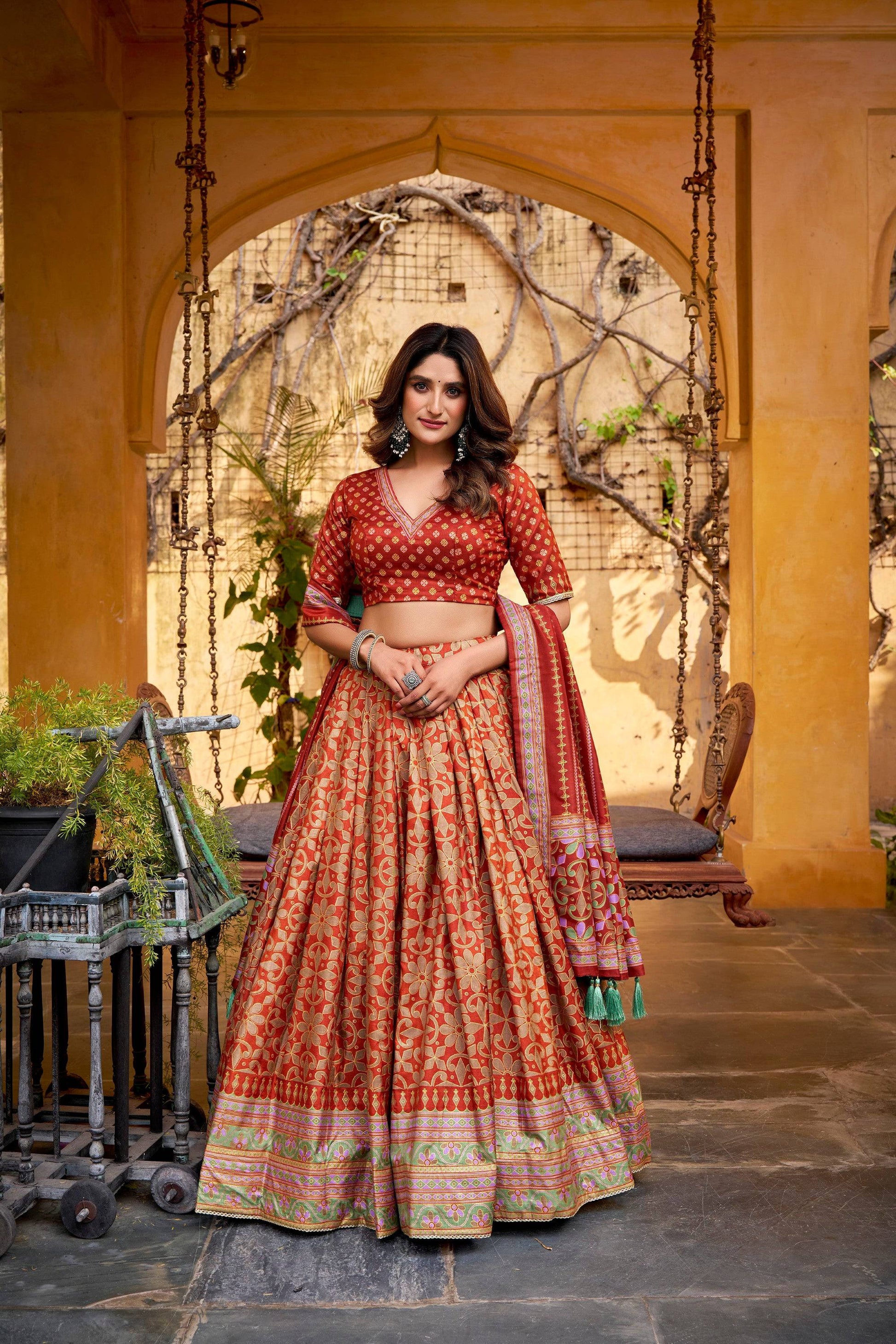 Lorenvalley Fashion Orange Tasar Silk Iconic Sparkle with Lace Border Lehenga Choli with Dupatta
