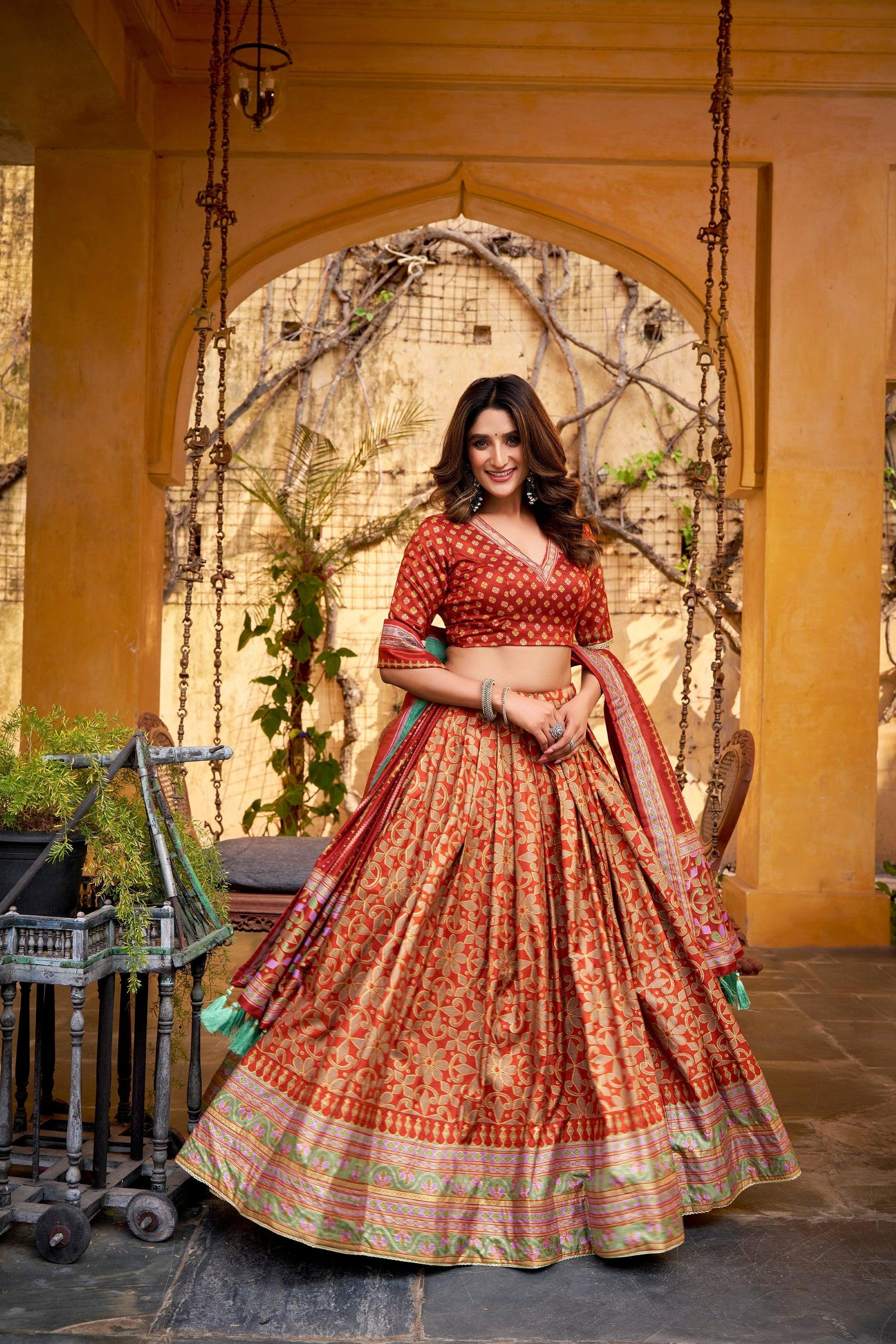Lorenvalley Fashion Orange Tasar Silk Iconic Sparkle with Lace Border Lehenga Choli with Dupatta