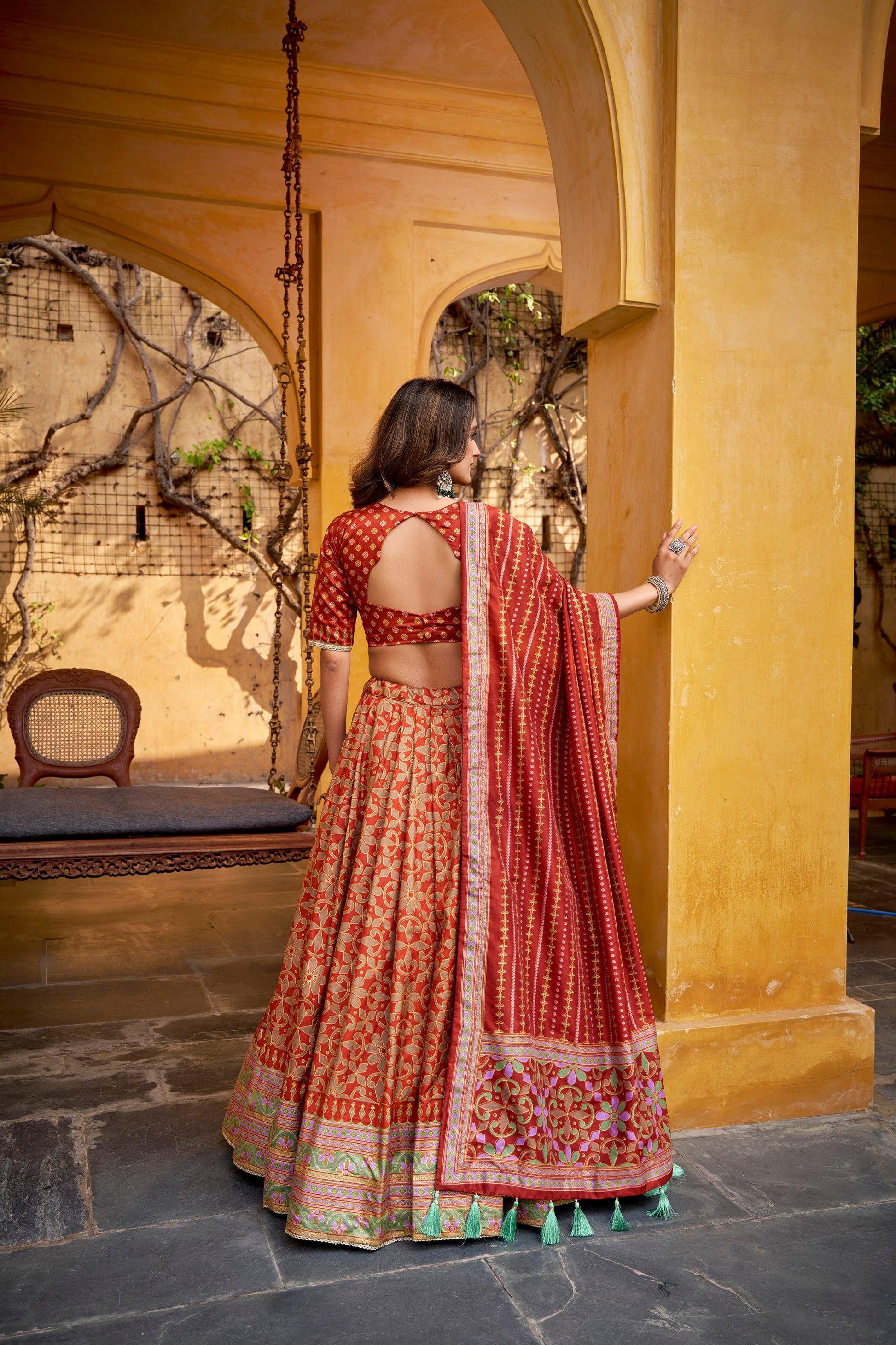 Lorenvalley Fashion Orange Tasar Silk Iconic Sparkle with Lace Border Lehenga Choli with Dupatta