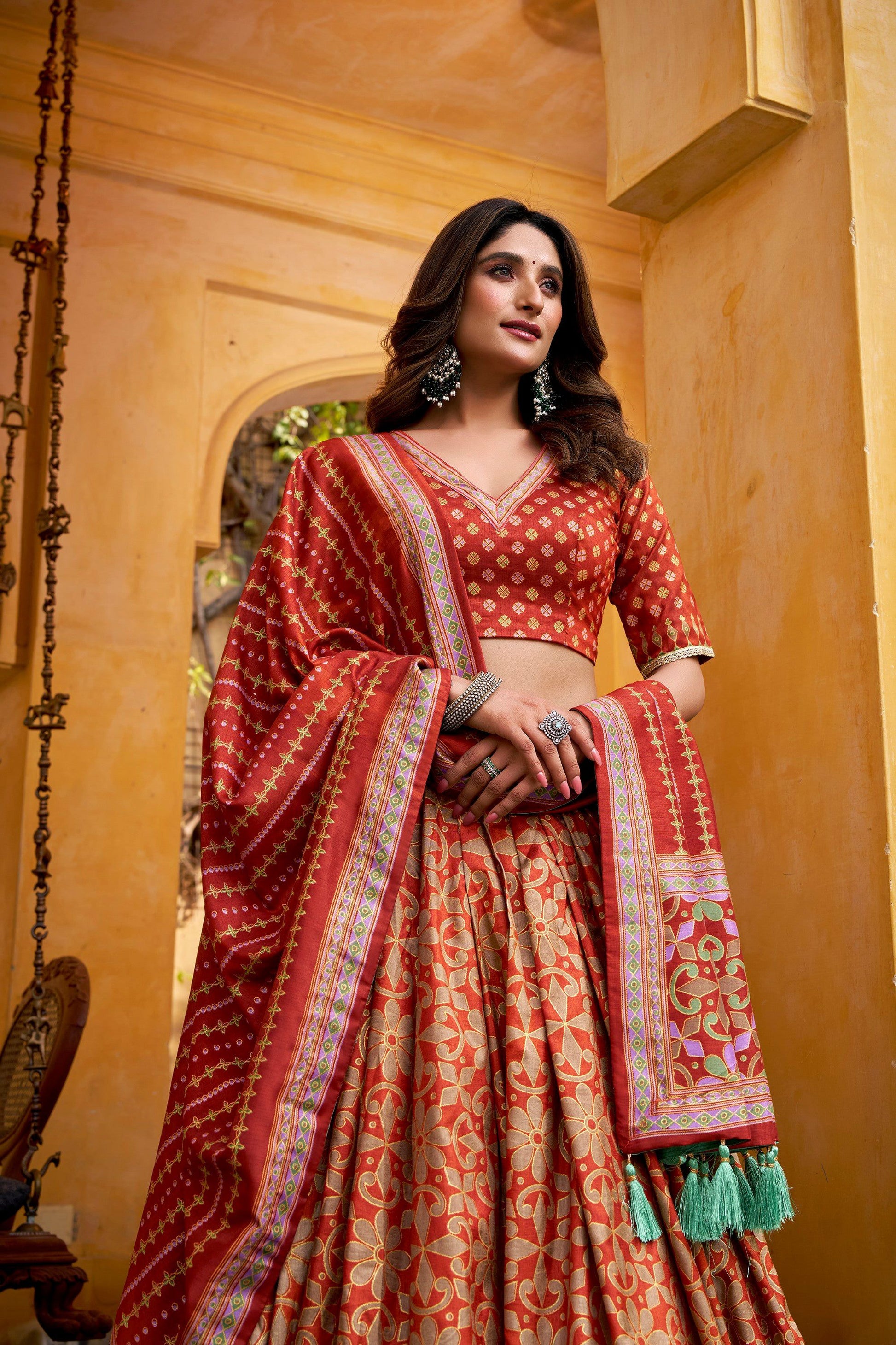 Lorenvalley Fashion Orange Tasar Silk Iconic Sparkle with Lace Border Lehenga Choli with Dupatta